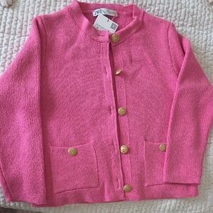 Zara Vibrant Pink Knit Cardigan with Gold Accents